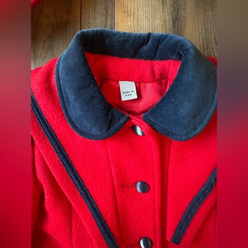 Vintage Rothschild Red Wool Coat & Hat Set Black Trim Retro Holiday - Picture 4 of 9